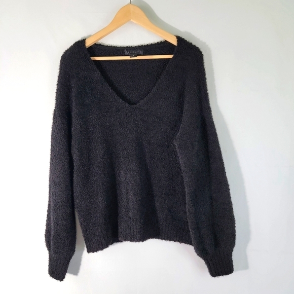 Sanctuary Women's Black Fuzzy Knit Sweater Sz M V-neck Cozy Warm Relaxed Fit - Picture 1 of 11